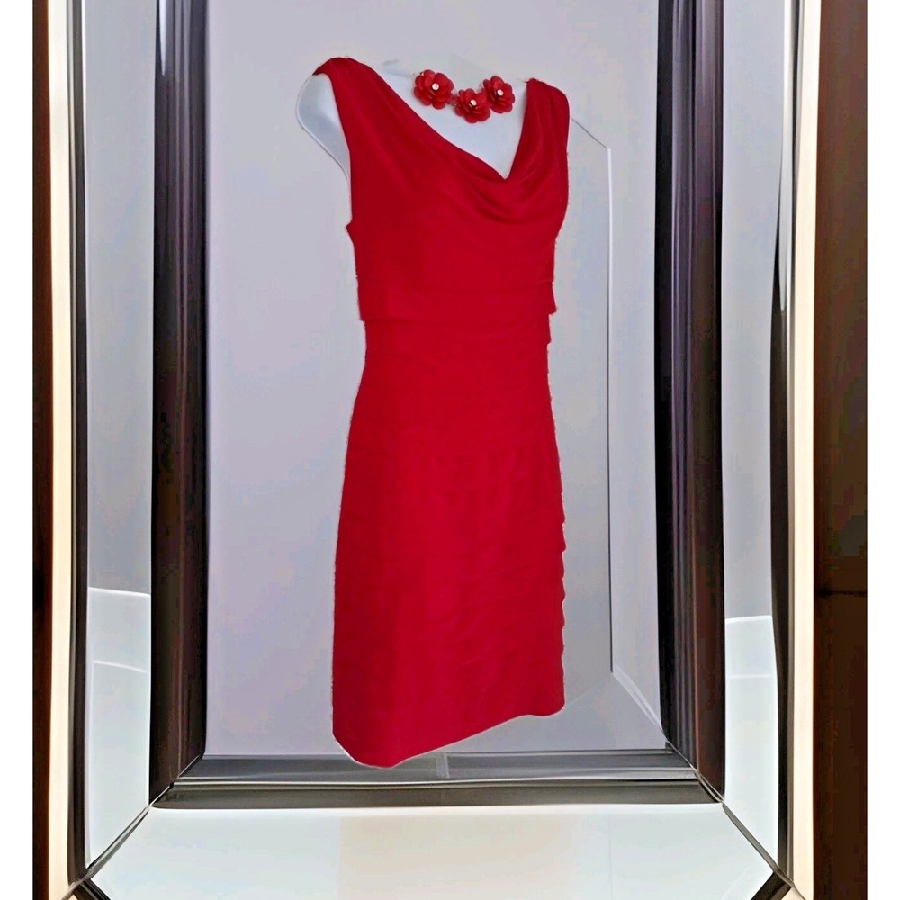 American‎ Living Sheath Dress Holiday Red Layered Sleeveless Cowl Neck Stretch